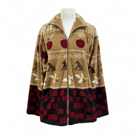 TanJay Brown and Plaid Full Zip Fleece Jacket with Dogs and Apples Size Large - Picture 1 of 14